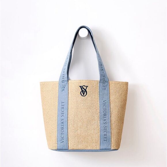 Victoria's Secret Straw Beach Tote Large Weekender Travel Logo Denim Blue Beige - Picture 4 of 5